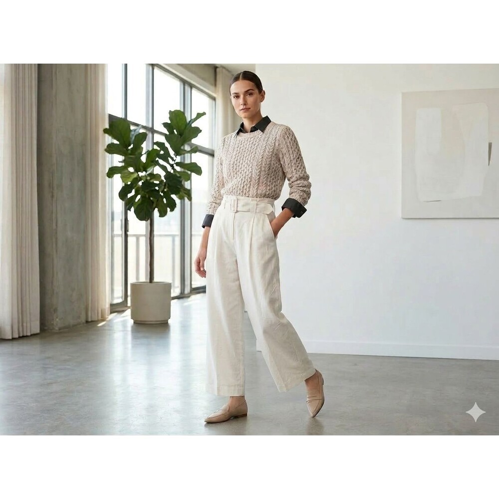 Designer Sally Lapointe White Belted High Waisted Cropped Pants Size 4